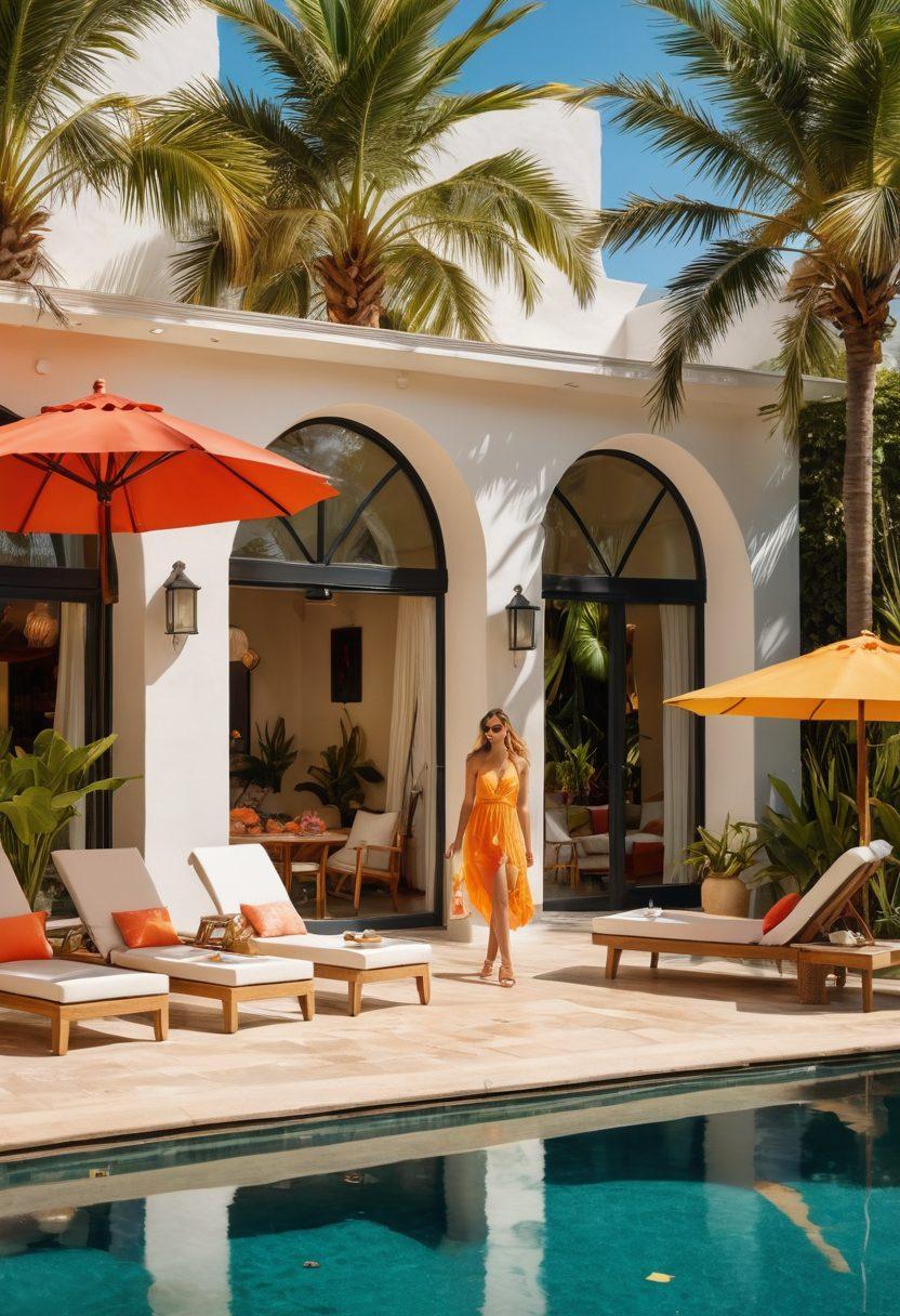 A stylish beach scene showcasing a luxurious poolside transitioning into a vibrant beachfront. Include fashionable summer outfits such as flowy dresses, swimwear, and accessories, laid out artistically. Bright sun, palm trees swaying, and colorful beach umbrellas in the background, creating a lively atmosphere. Capture the essence of summer fashion in a chic and inviting way. super-realistic. vibrant colors.