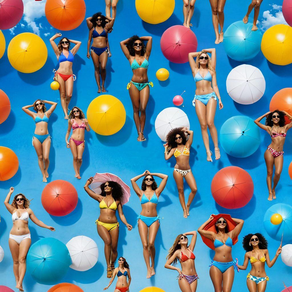 A vibrant beach scene showcasing diverse women of different body types confidently wearing an array of trendy bikinis. The backdrop features a sunny sky, clear blue waters, and colorful beach umbrellas to evoke a joyful summer vibe. Include lively beach accessories like sunglasses and beach balls scattered around. The image should radiate fun, confidence, and inclusivity. bright colors. summery atmosphere. 3D.